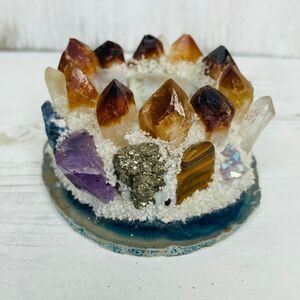 Unique Vintage  German Assorted Crystal Gemstone Tealight  Candle Holder